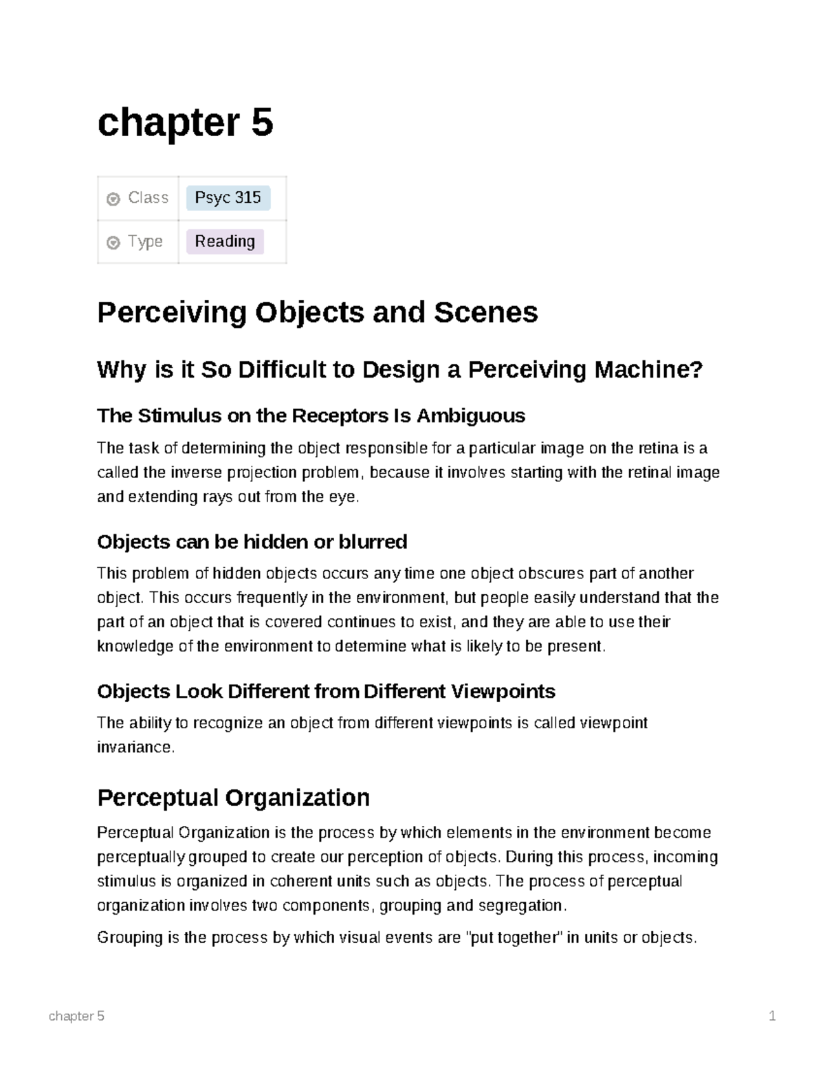 Chapter 5 - notes - chapter 5 1 chapter 5 Class Psyc 315 Type Reading ...