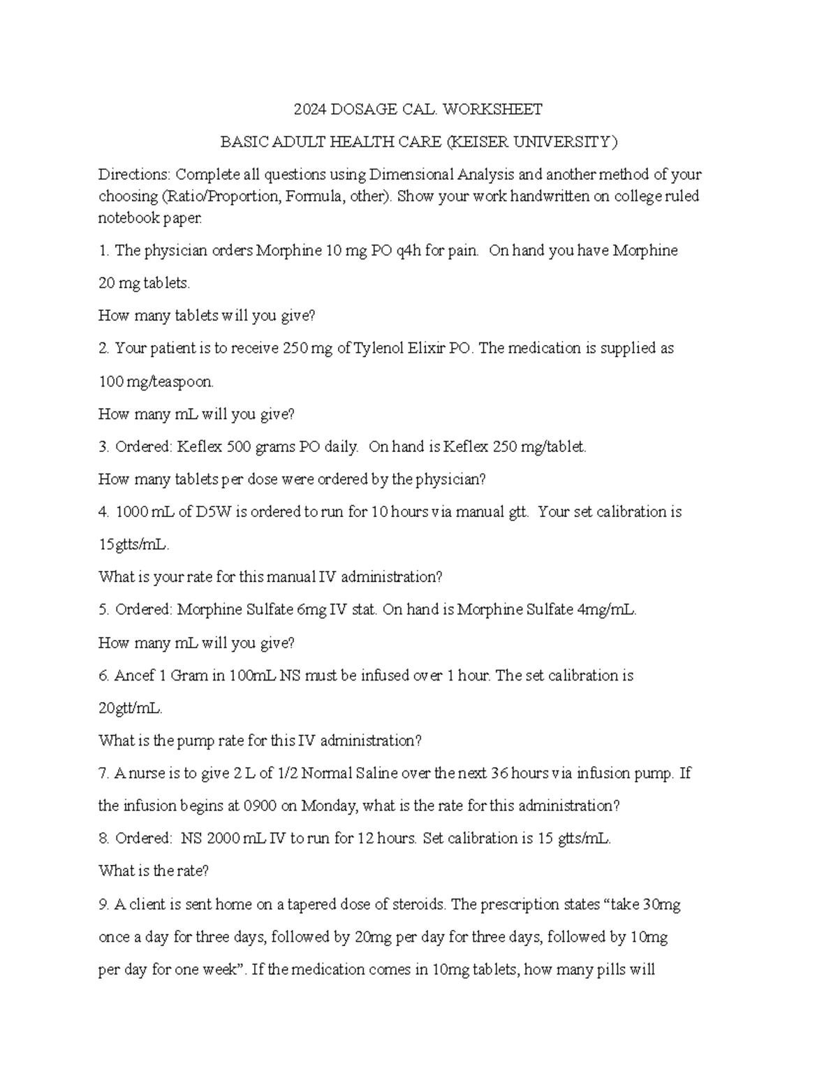 2024 Dosage Calculation Practice Worksheet for Basic Adult Health Care ...