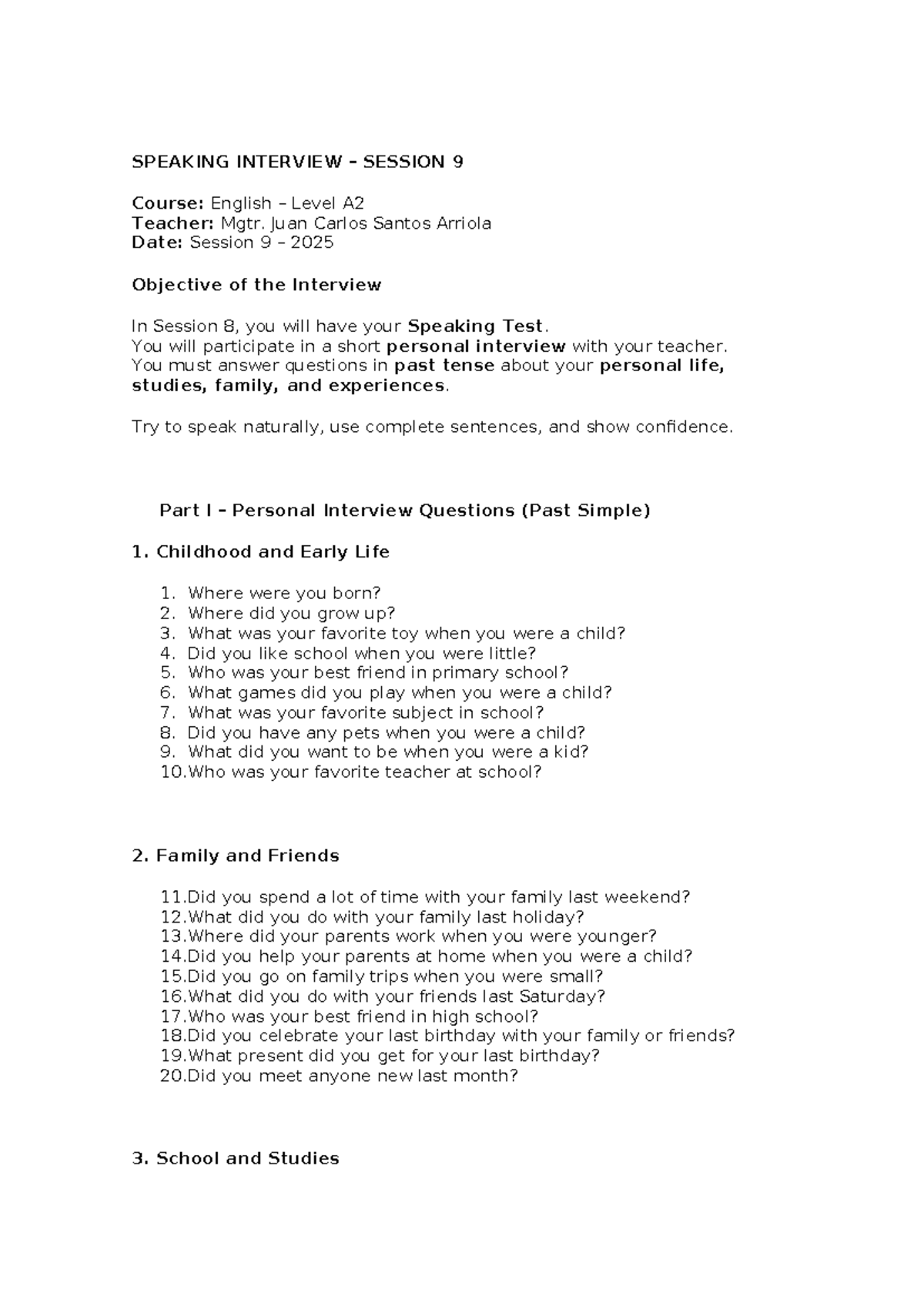 SPEAKING INTERVIEW SESSION 9 A2 English Course Questions Studocu