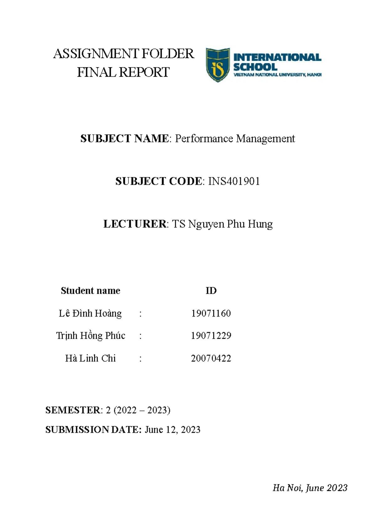 Final - Xzz - ASSIGNMENT FOLDER FINAL REPORT SUBJECT NAME: Performance ...