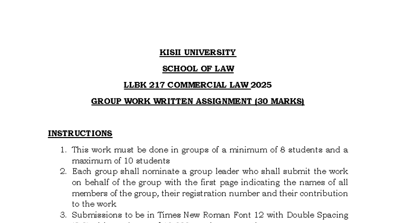 KISII UNIVERSITY LLBK 217 COMMERCIAL LAW 2025 GROUP WORK ASSIGNMENT ...