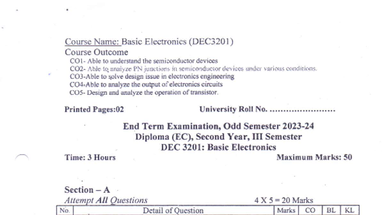 DEC3201 Basic Electronics End Term Exam Notes and Questions - Studocu