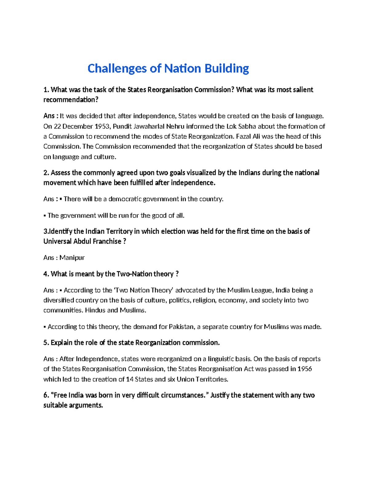 Challenges OF Nation Building Q & A - Challenges of Nation Building ...