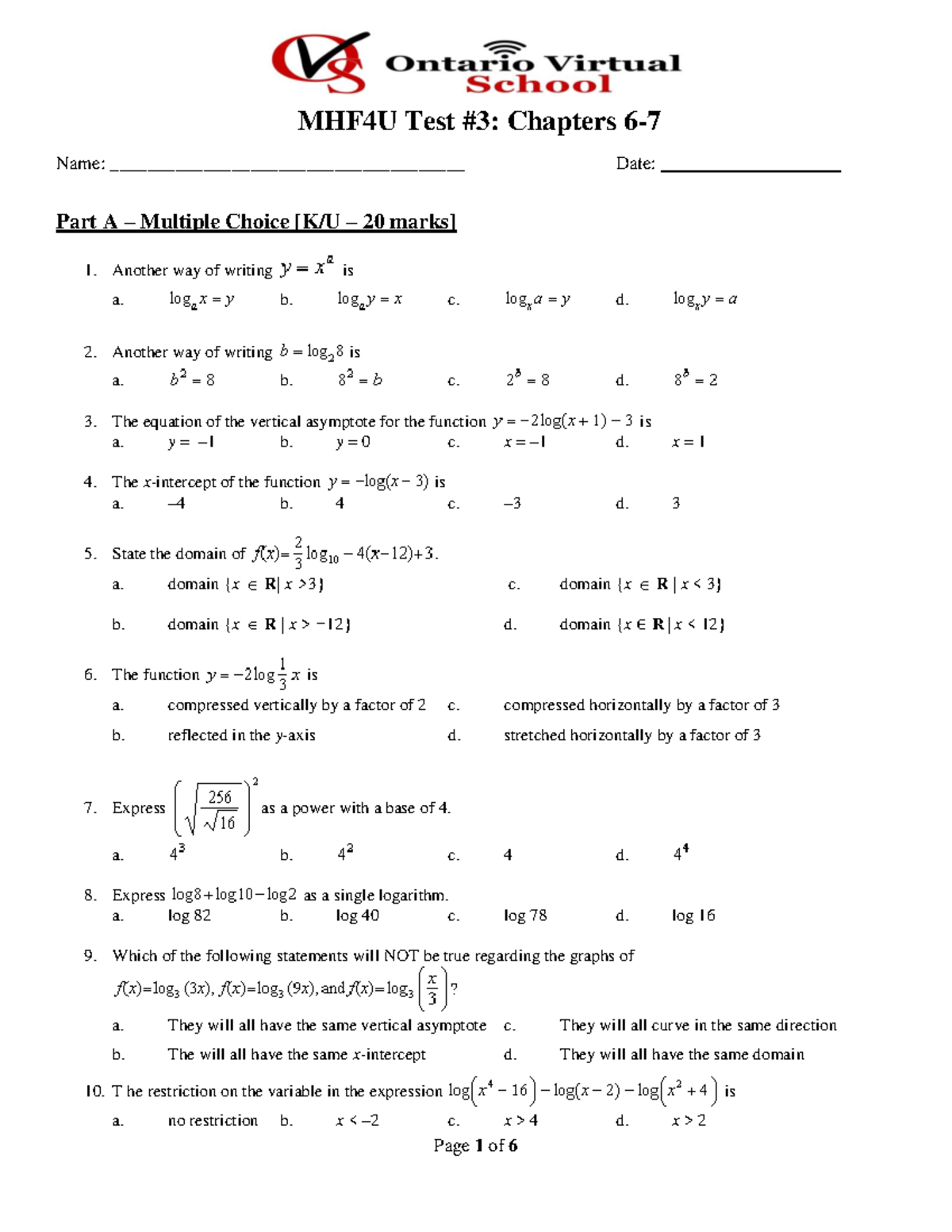 MHF4U Unit 3 Test B: Chapters 6 Exam Review and Practice - Studocu