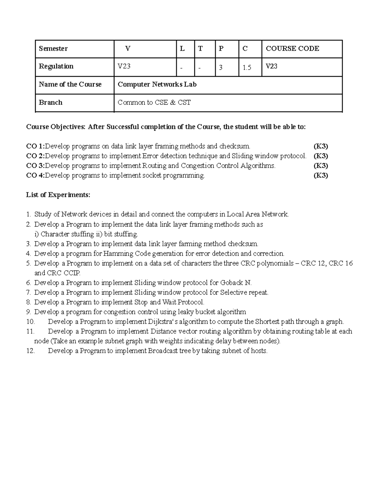 V23 Computer Networks Lab: Practical Experiments and Objectives - Studocu