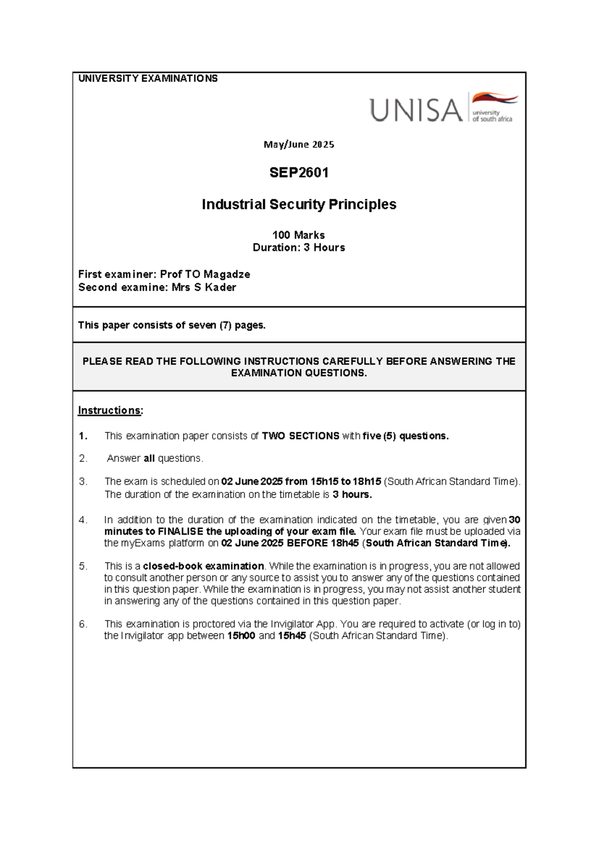 UNISA SEP2601 Industrial Security Principles Exam Instructions 2025 ...