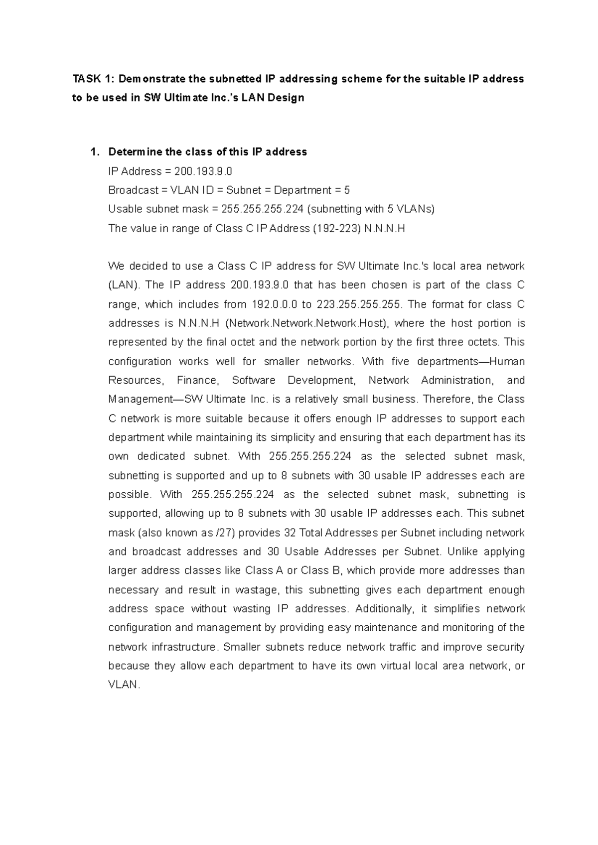 SW Ultimate LAN Design: Subnetting IP Addressing Scheme (Task 1) - Studocu