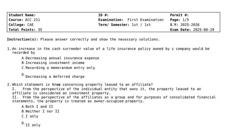 ACC 211: 1st to 3rd Exam Practice Questions and Solutions - Studocu