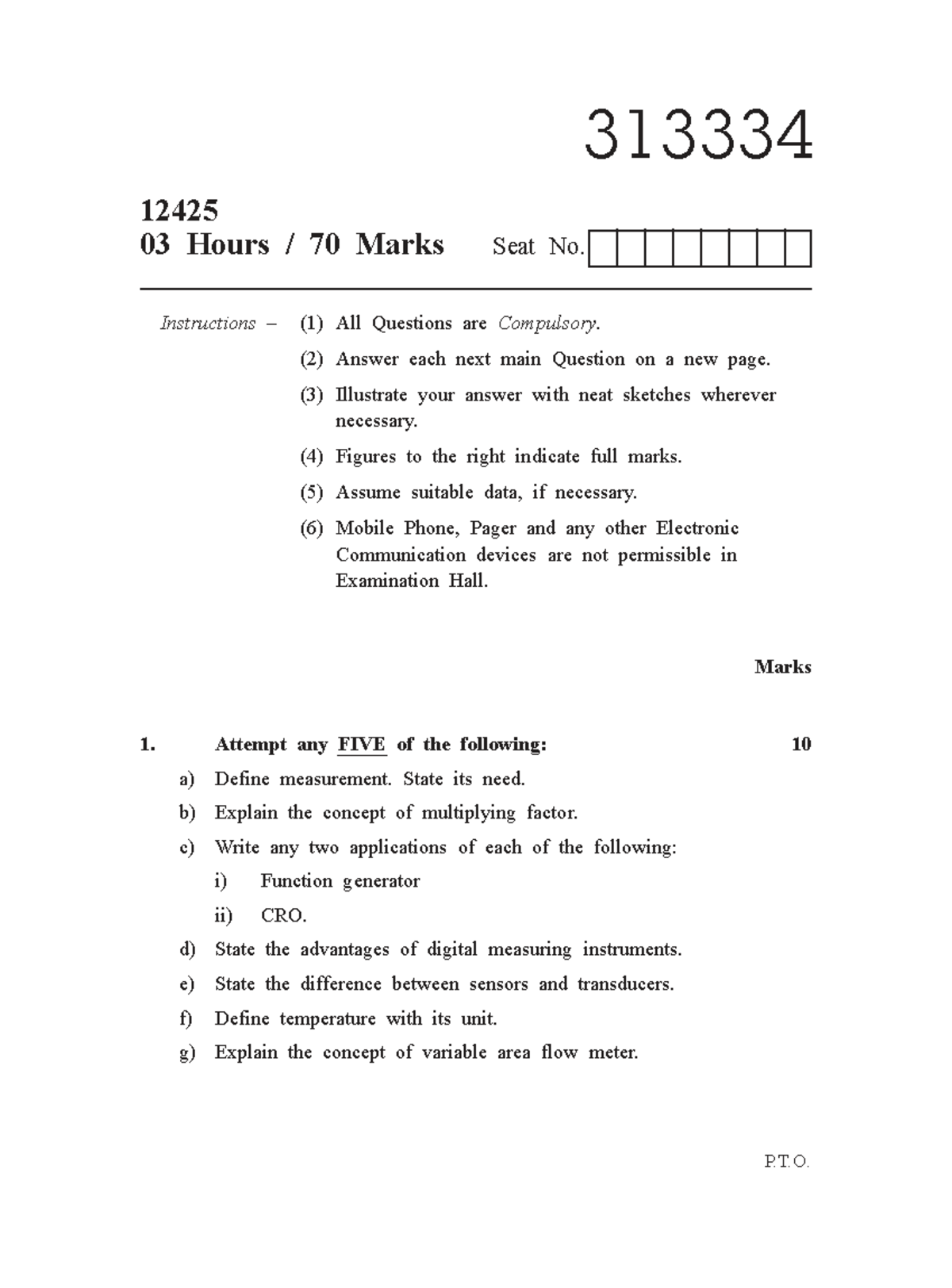 Instrumentation Measurement Exam Questions - Course Code 313334 - Studocu