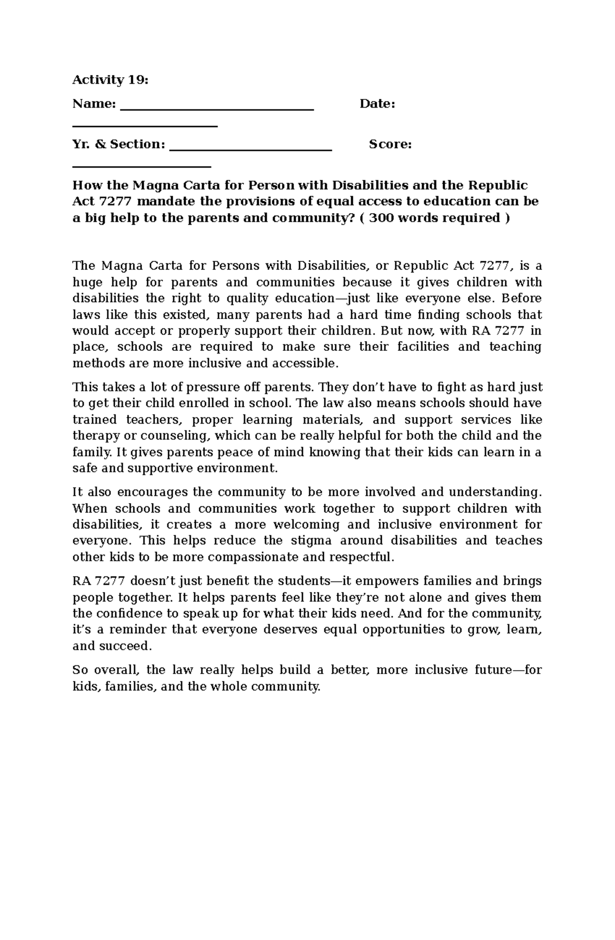 Activity 19: RA 7277 and the Magna Carta: Empowering Families through ...