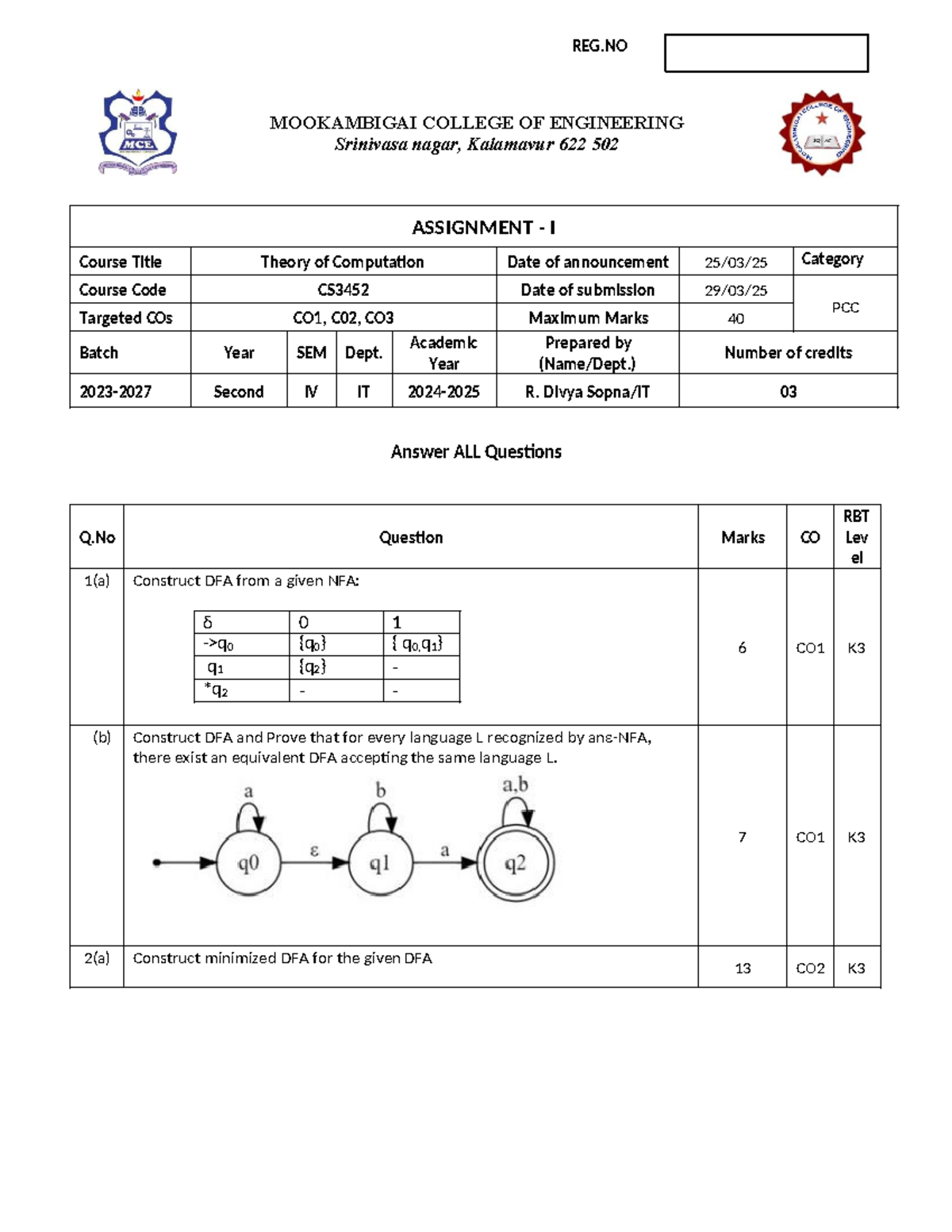 CS3452 Theory of Computation Assignment 1 - DFA Construction - Studocu
