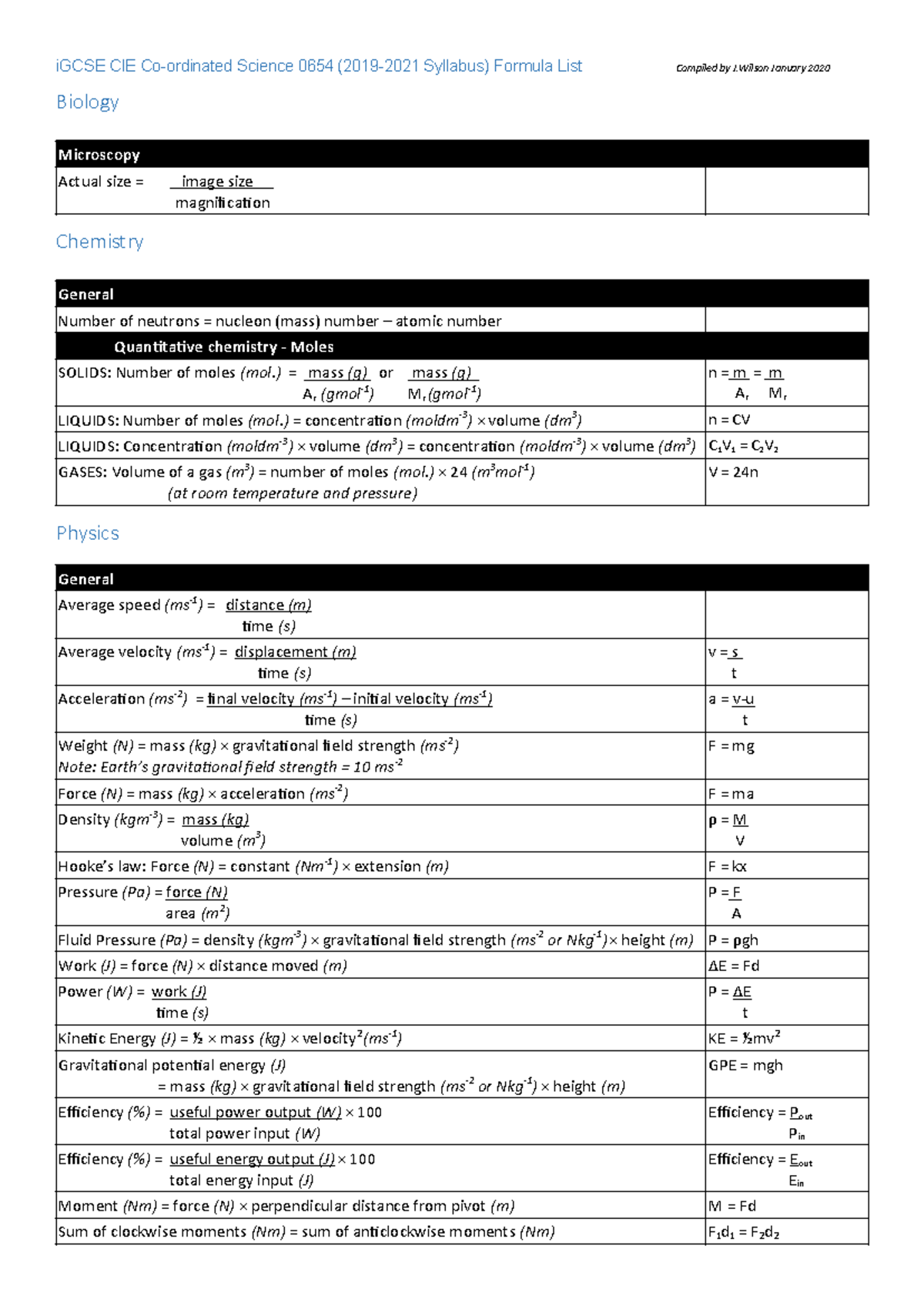 0654 iGCSE Science Formulae & Equations Compilation - Studocu