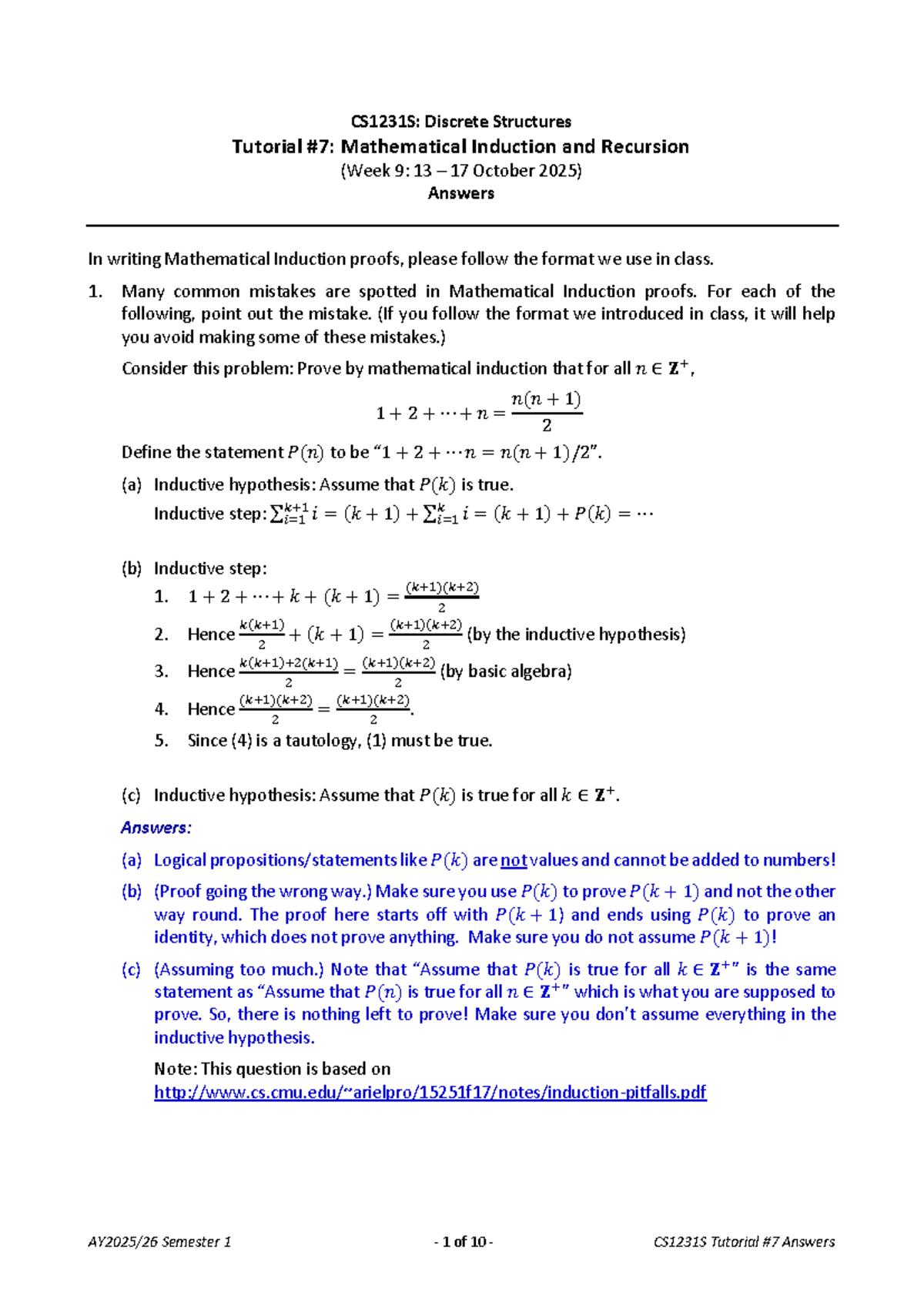 CS1231S: Discrete Structures Tutorial 7 Solutions (Week 9) - Studocu