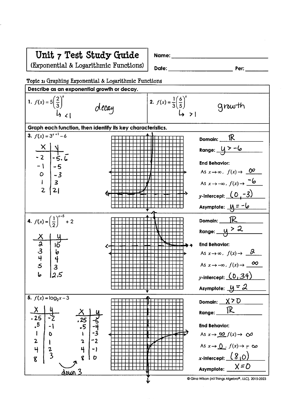 Unit 7 Test Study Guide - Exponential & Logarithmic Functions - Studocu