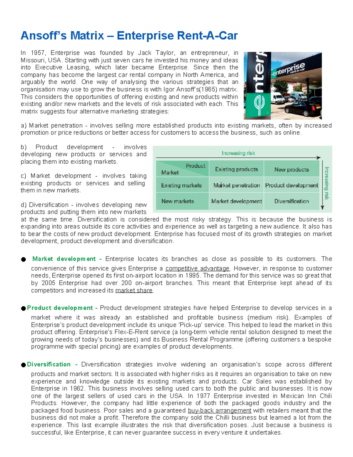 Ansoff Matrix study notes - Ansoff’s Matrix – Enterprise Rent-A-Car In ...