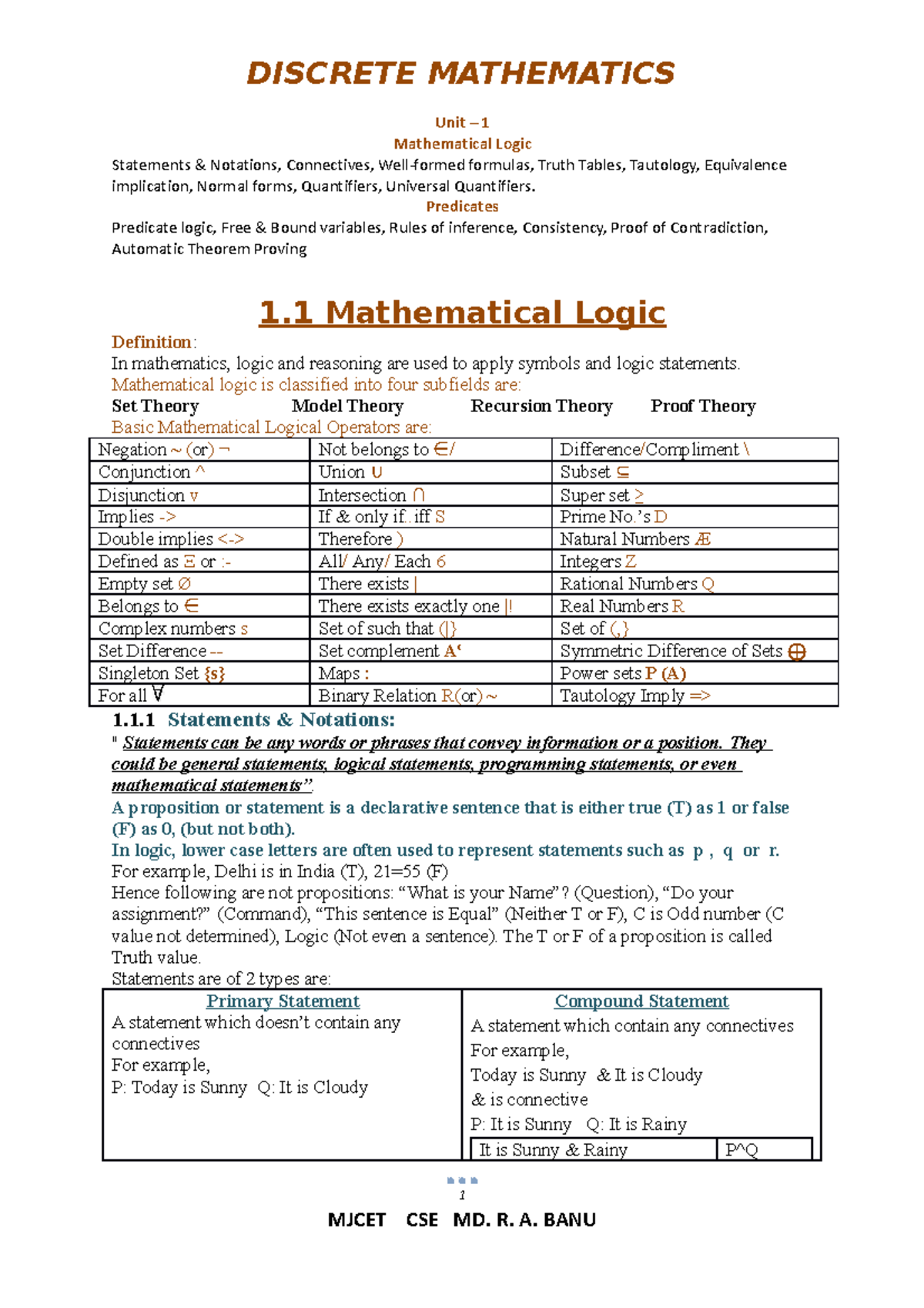 DM CH 1: Introduction to Mathematical Logic and Propositional ...