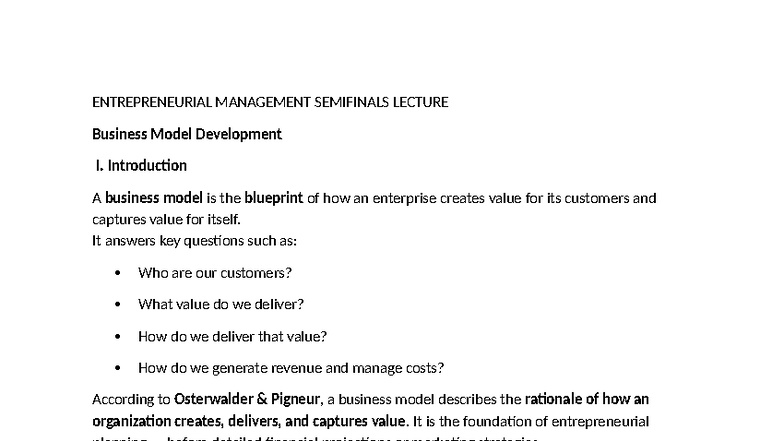 ENTREPRENEURIAL MANAGEMENT SEMIFINALS LECTURE: Business Model Canvas ...