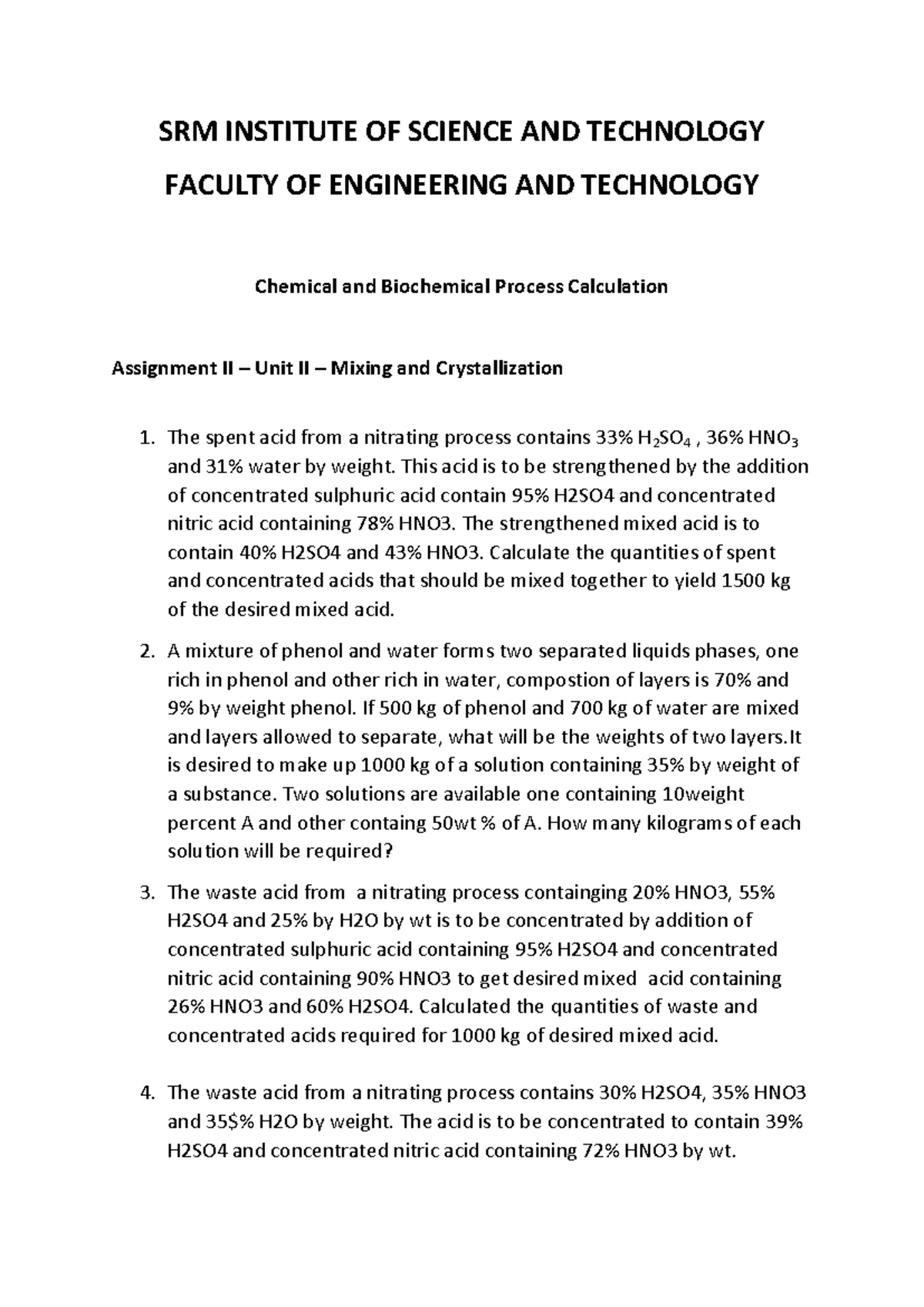 Chemical & Biochemical Process Calculation: Practice Problems for ...