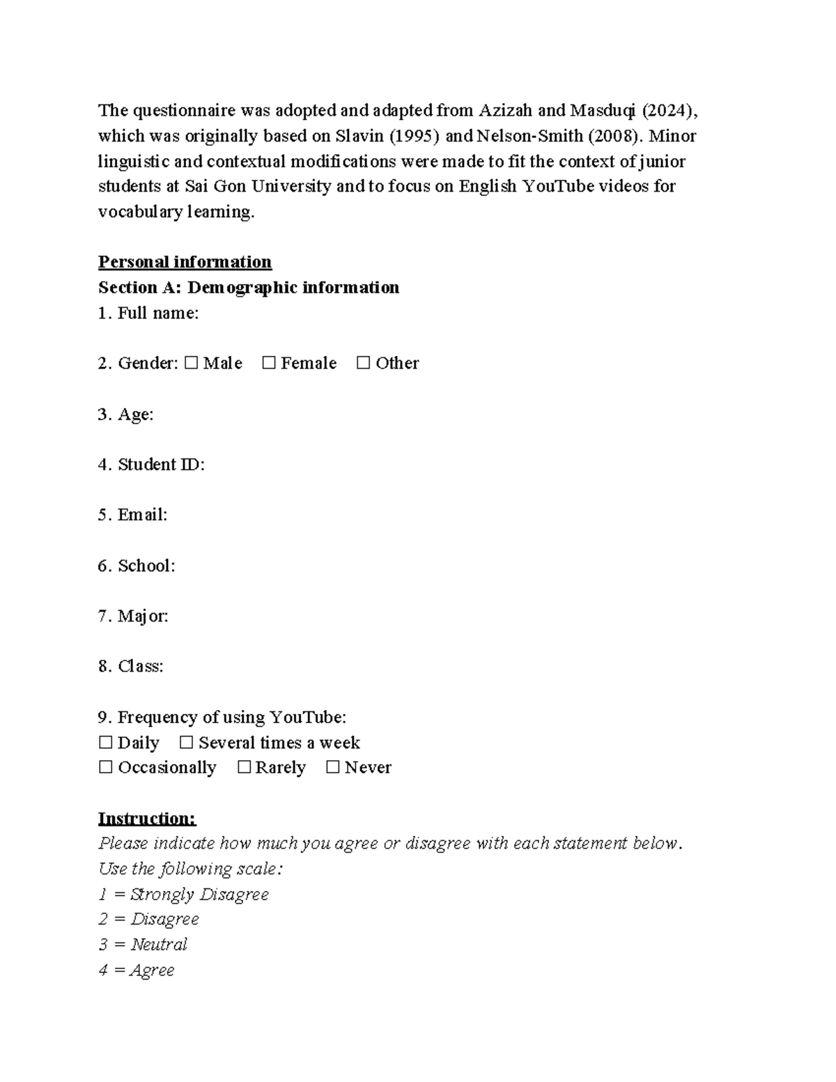 Questionnaire on YouTube Videos for Vocabulary Learning - Practical ...
