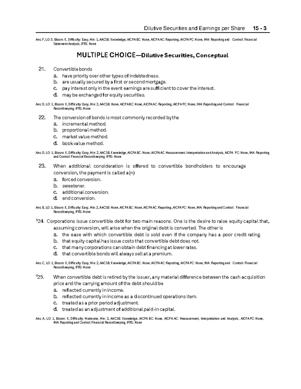 Dilutive Securities and Earnings per Share: Multiple Choice Questions ...