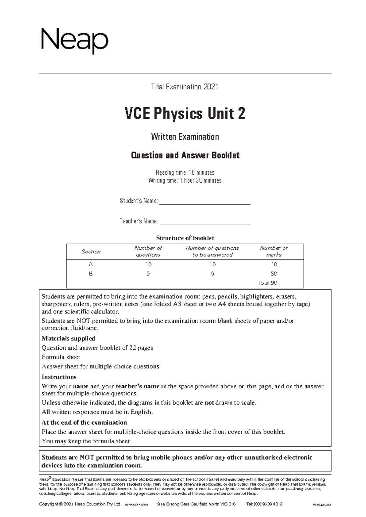 VCE Physics Unit 2 Trial Exam 2021: Question & Answer Booklet - Studocu