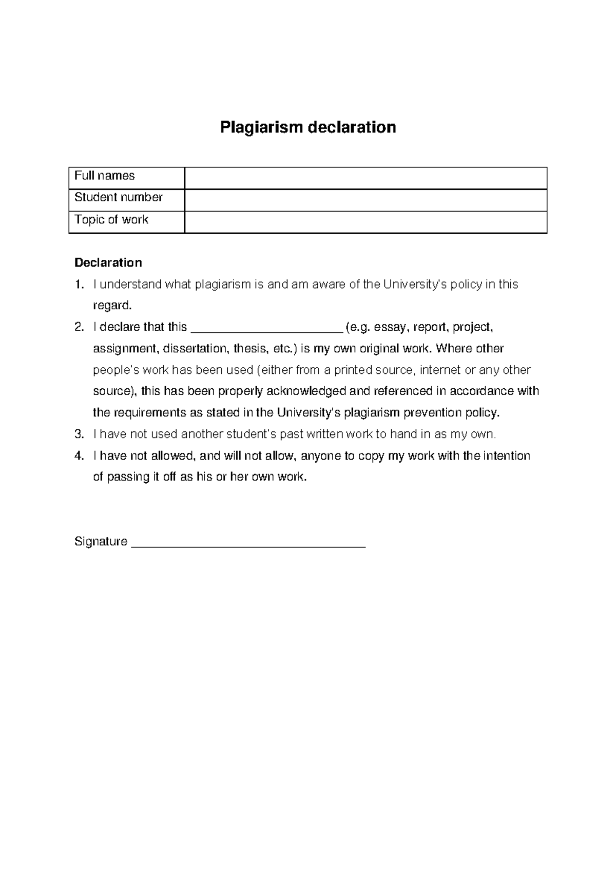 Declaration - ENG - Plagiarism declaration Full names Student number ...