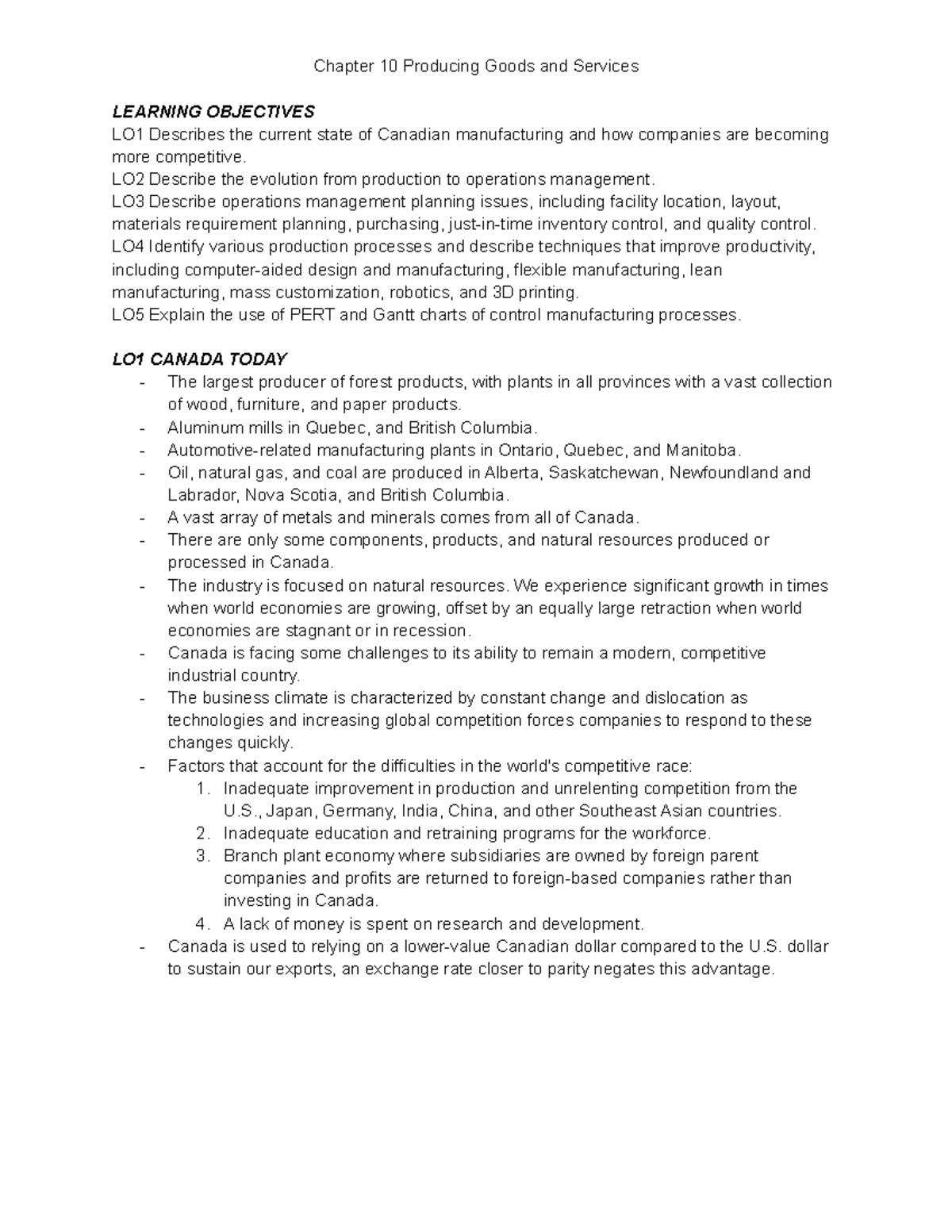 Chapter 10 Notes - Operations Management and Production Strategies ...