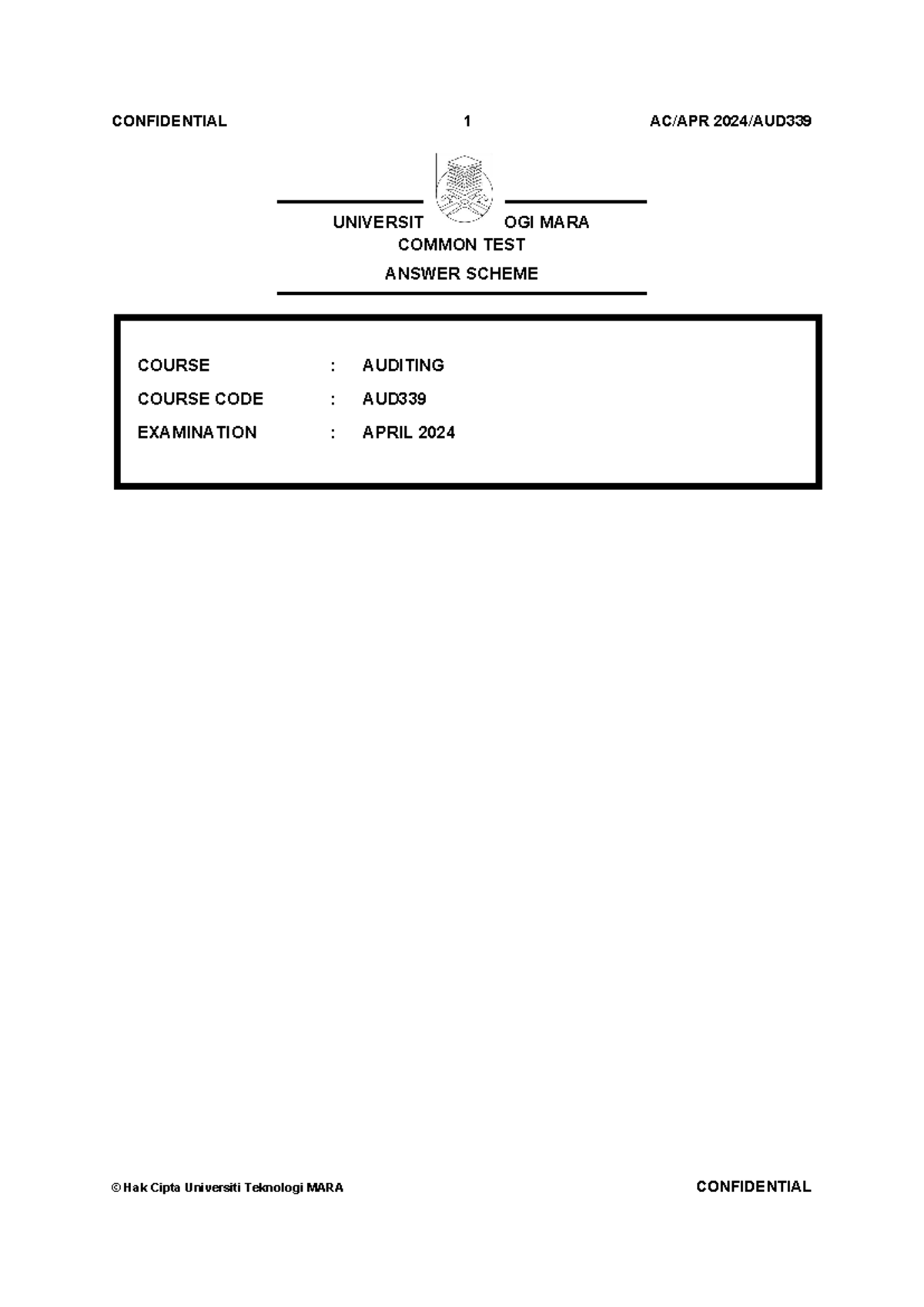 CT AUD339 Common Test Answer Scheme - Good References (APR 2024) - Studocu