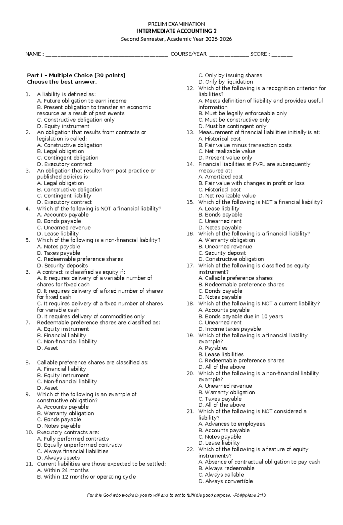 Prelim Exam - Intermediate Accounting 2: Multiple Choice Questions ...