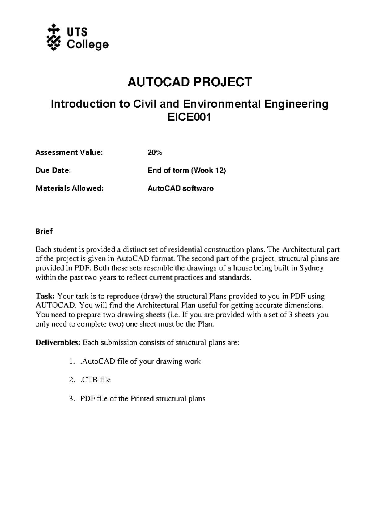 EICE001 AutoCAD Project: Civil & Environmental Engineering Assessment ...
