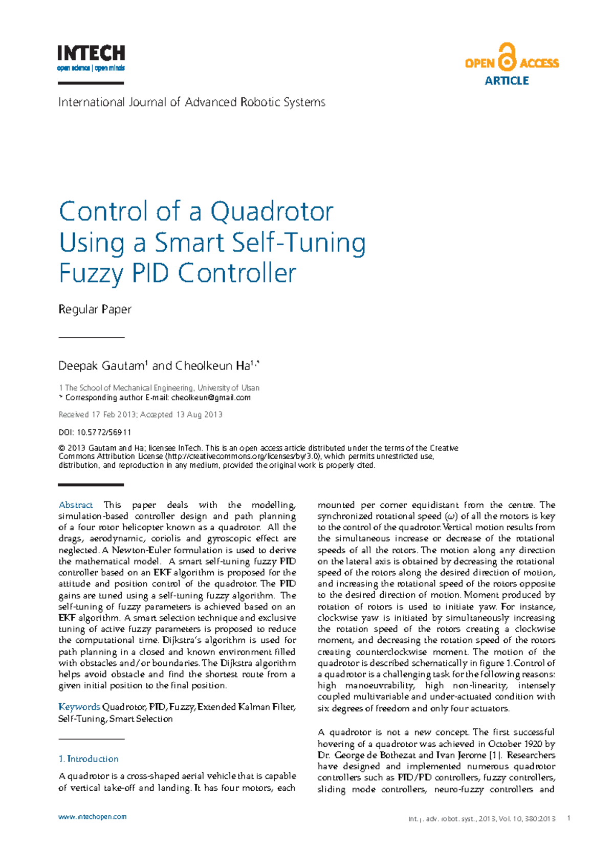 Control of a Quadrotor Using Smart Self-Tuning Fuzzy PID Controller ...