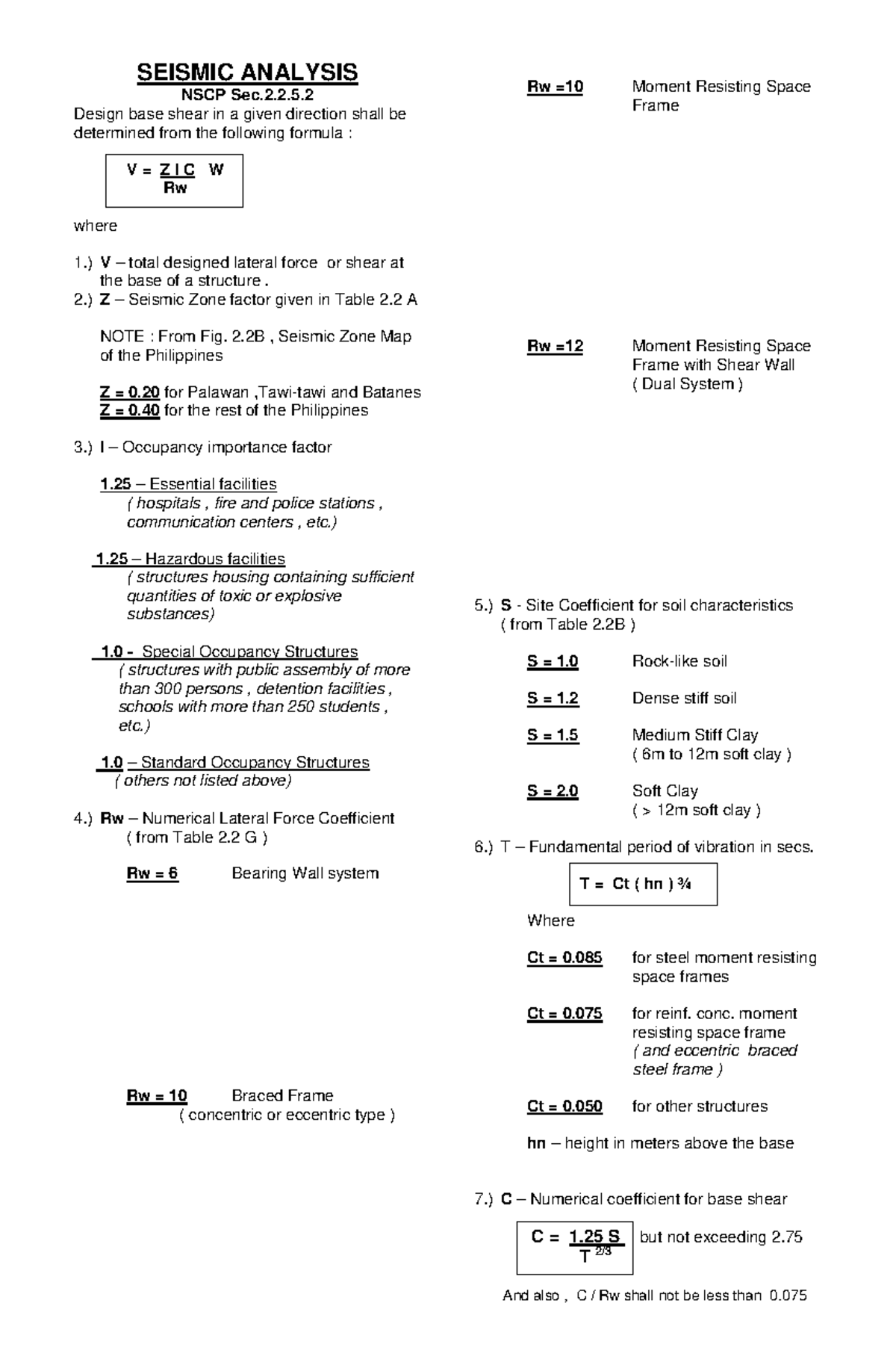 NSCP Sec.2.2.5: Seismic Analysis and Base Shear Calculation Guide - Studocu