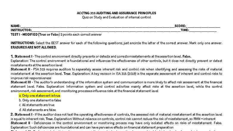 ACCTNG 316 Internal Control Quiz: True or False Test I - Studocu