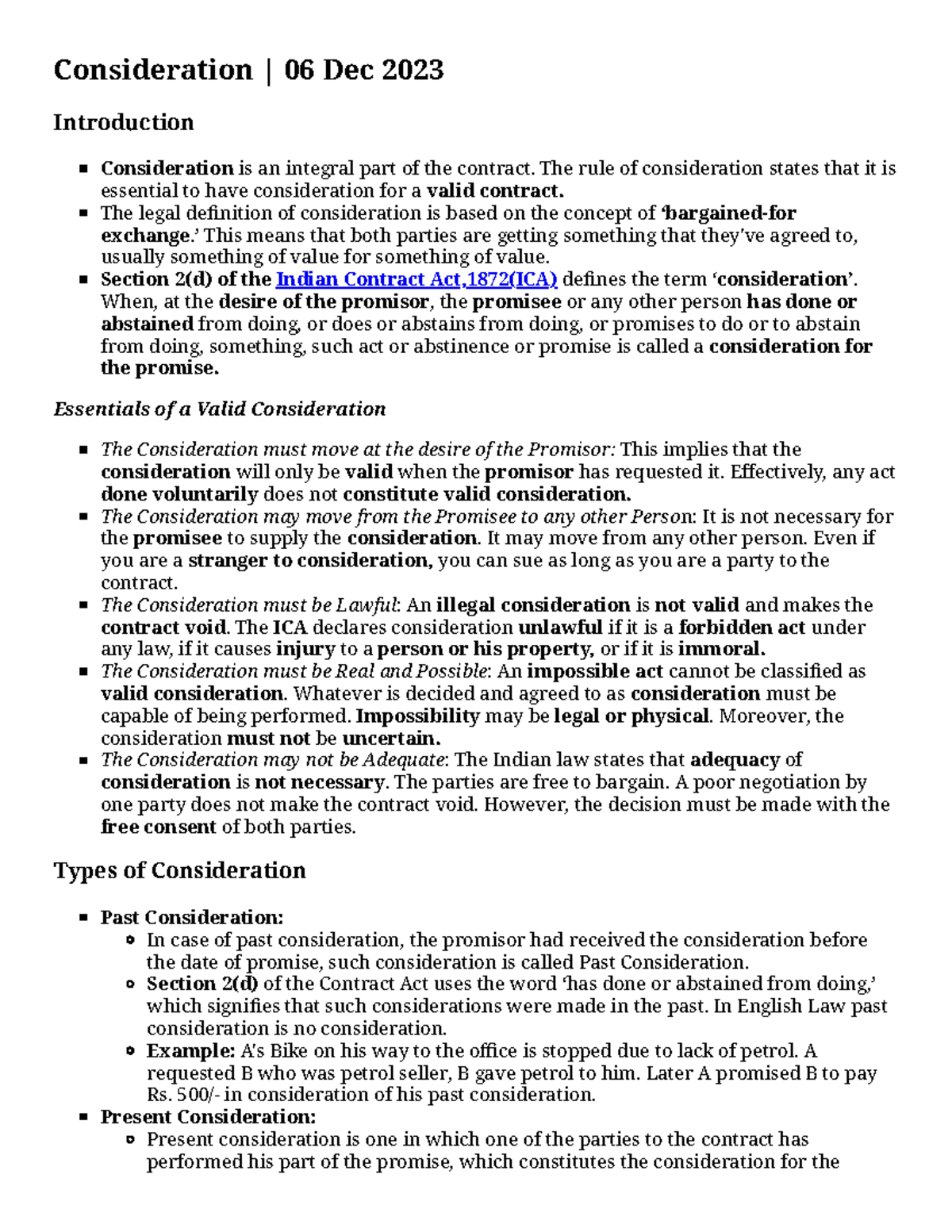 Consideration in Contracts: Essentials and Types - Legal Overview - Studocu
