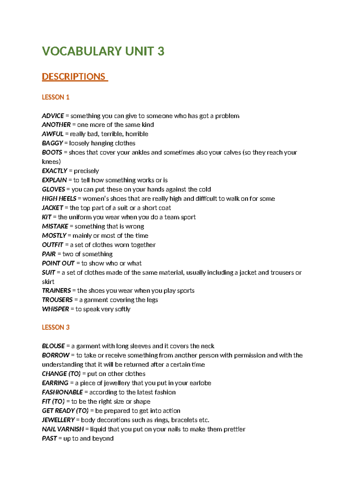 Unit 3 Lesson 1 & 3 Vocabulary Exercises - Oefeningen - Studeersnel