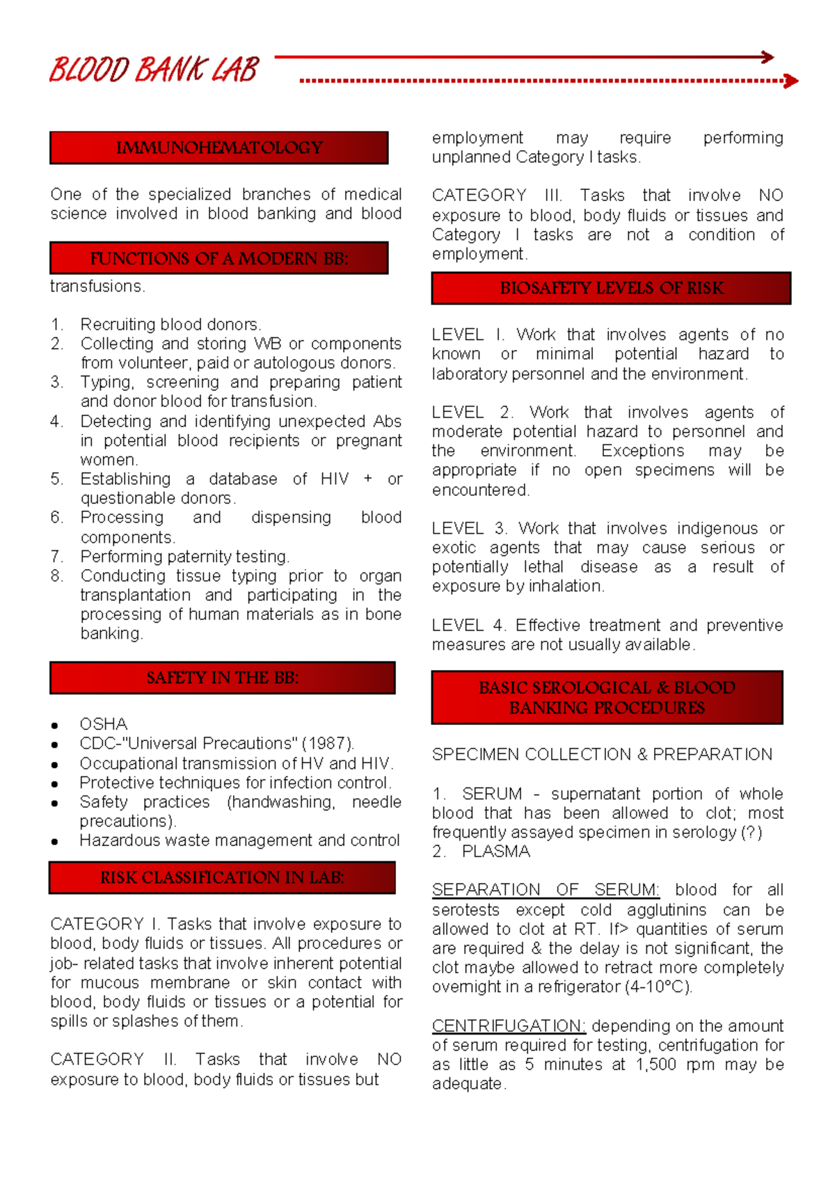 BB LAB W-1 - Blood Banking Procedures and Safety Measures - Studocu