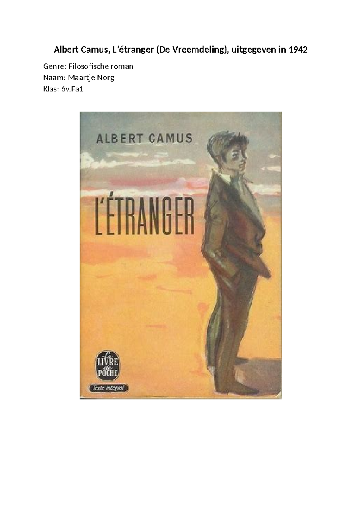 Boekverslag: L'étranger van Albert Camus - 6v.Fa - Studeersnel