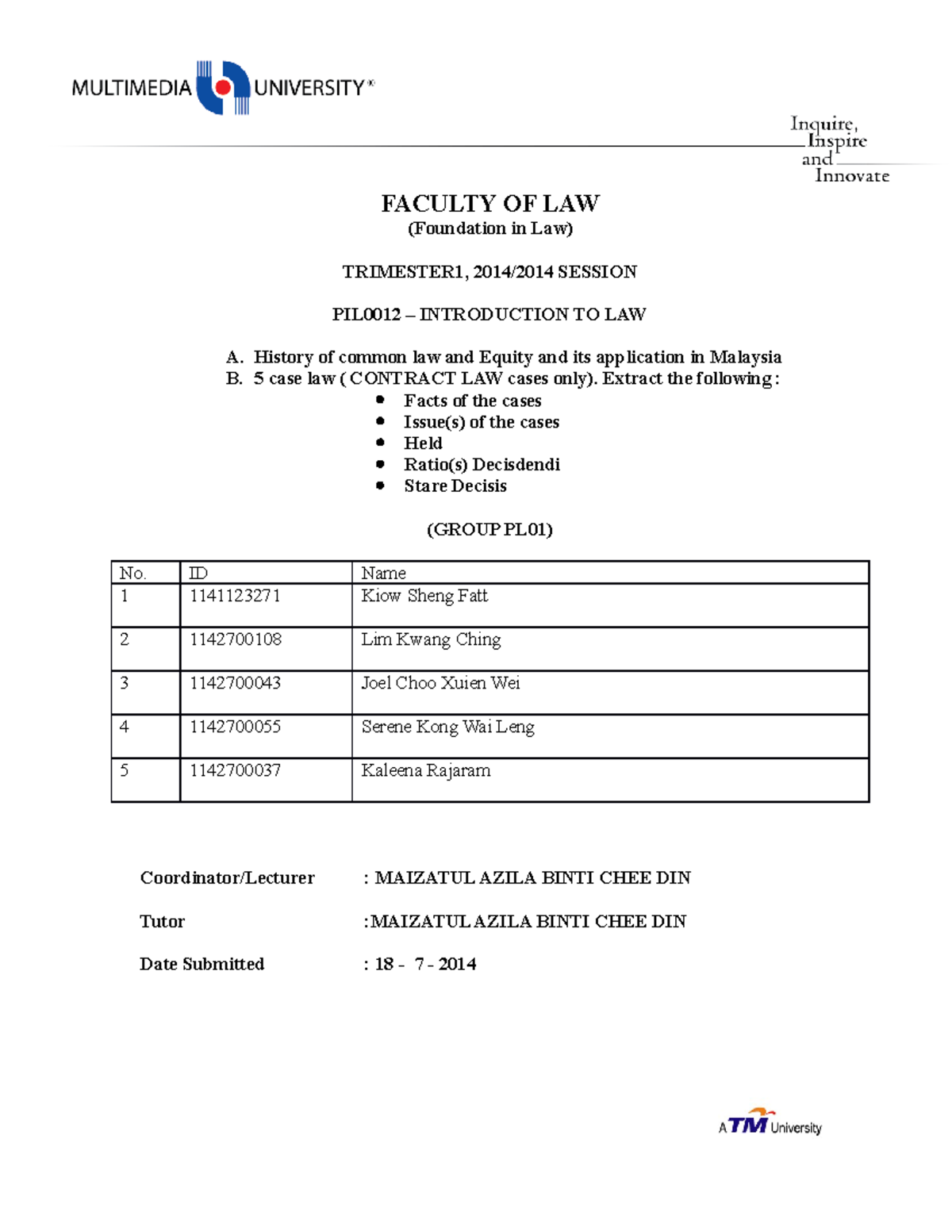 ITL full assignment Example - FACULTY OF LAW (Foundation in Law ...