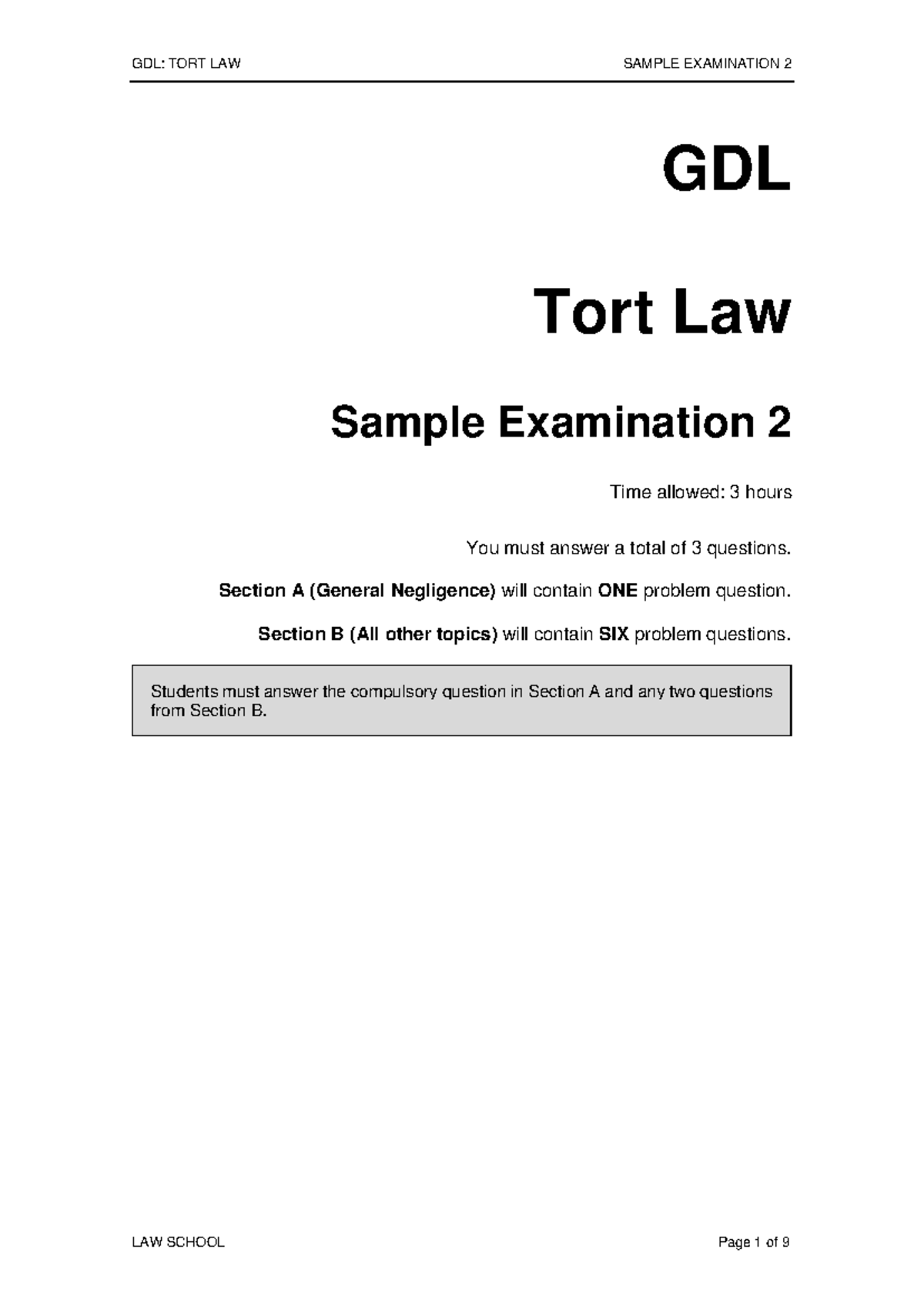 GDL Tort Law Sample Exam Paper 2 (Amended 2019), 3-Hour Duration - Studocu