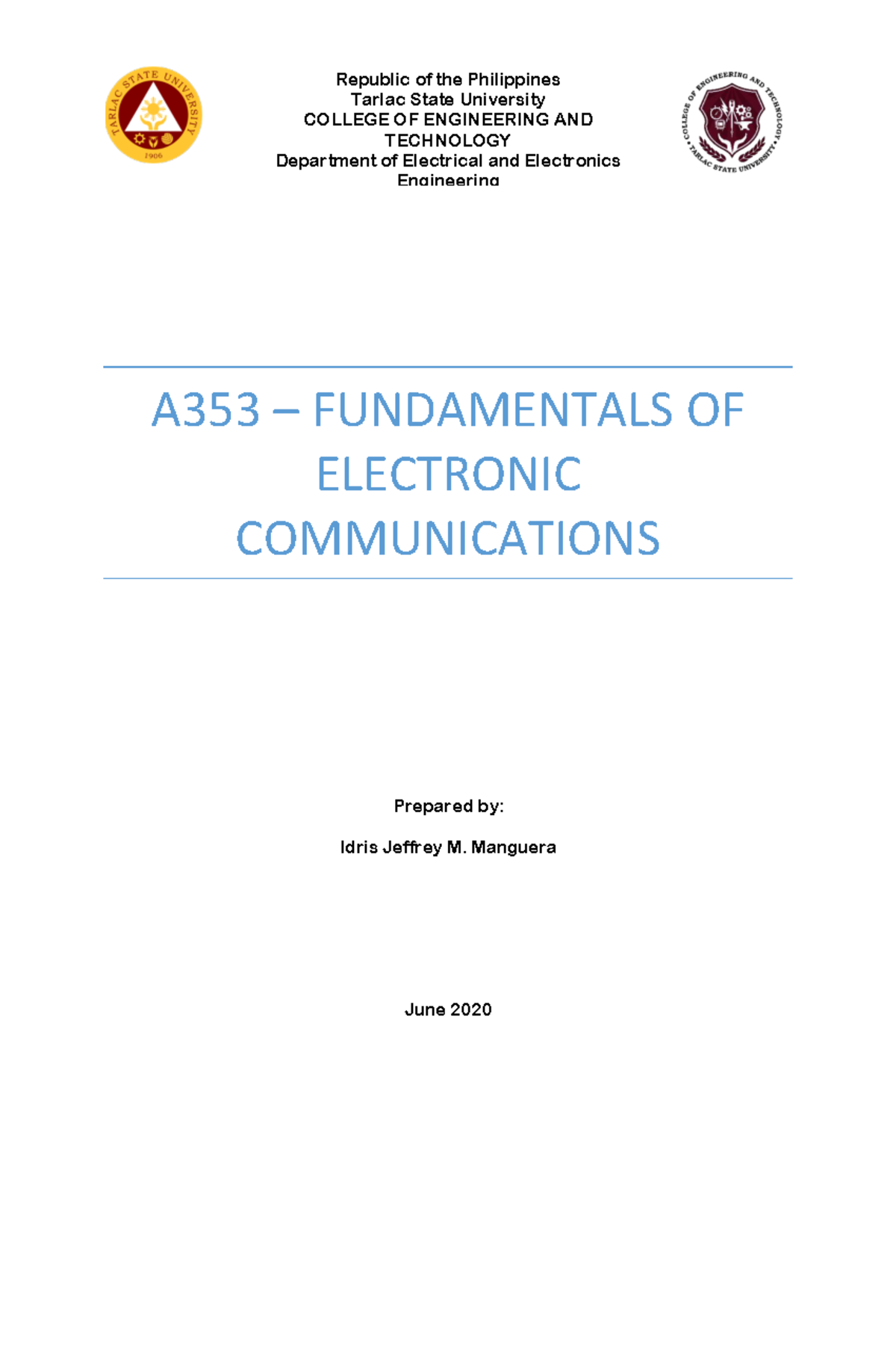 A353 Fundamentals of Electronic Communications Chapter 2: Noise ...