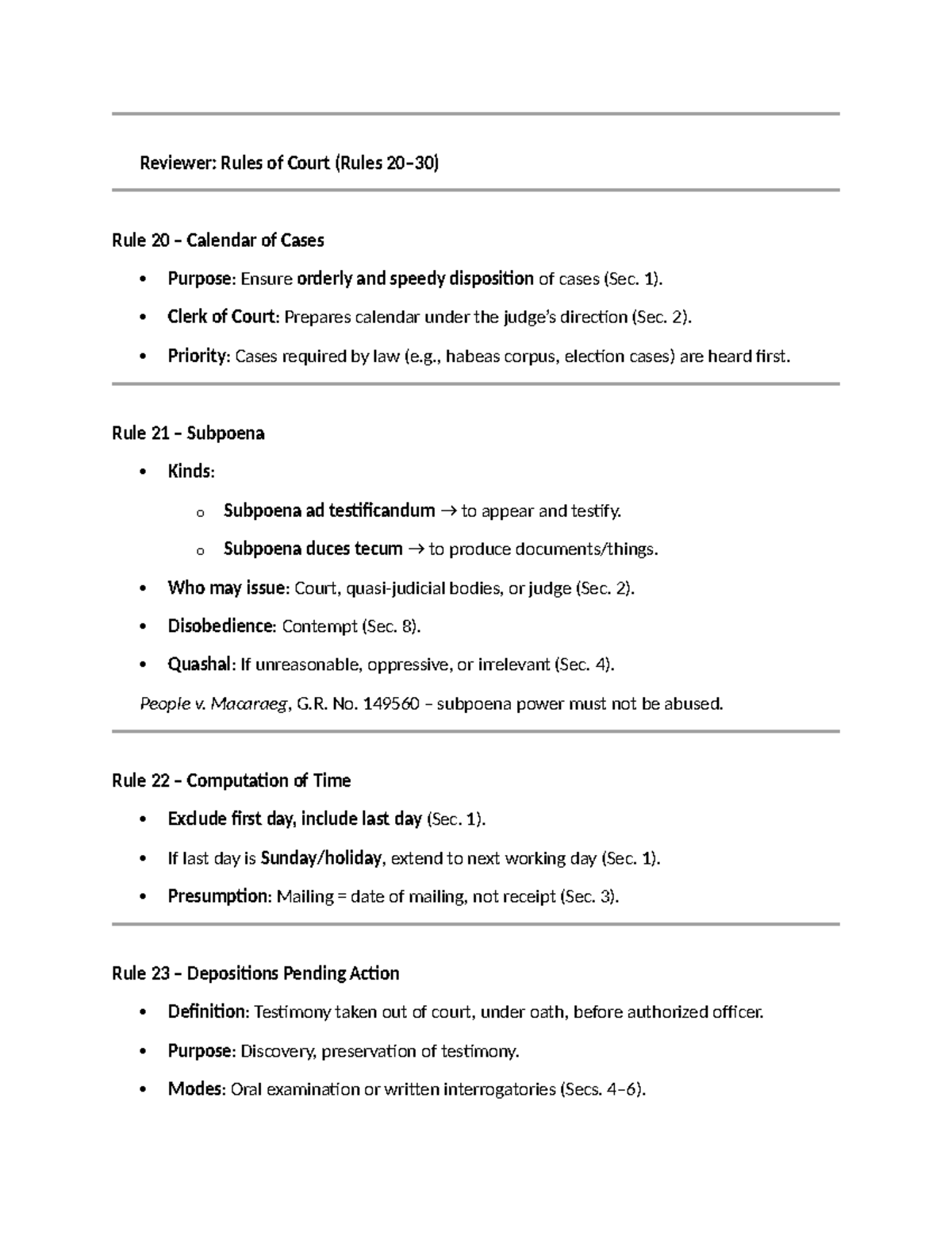 Rules of Court Review: Rules 20-30 Overview and Key Points - Studocu