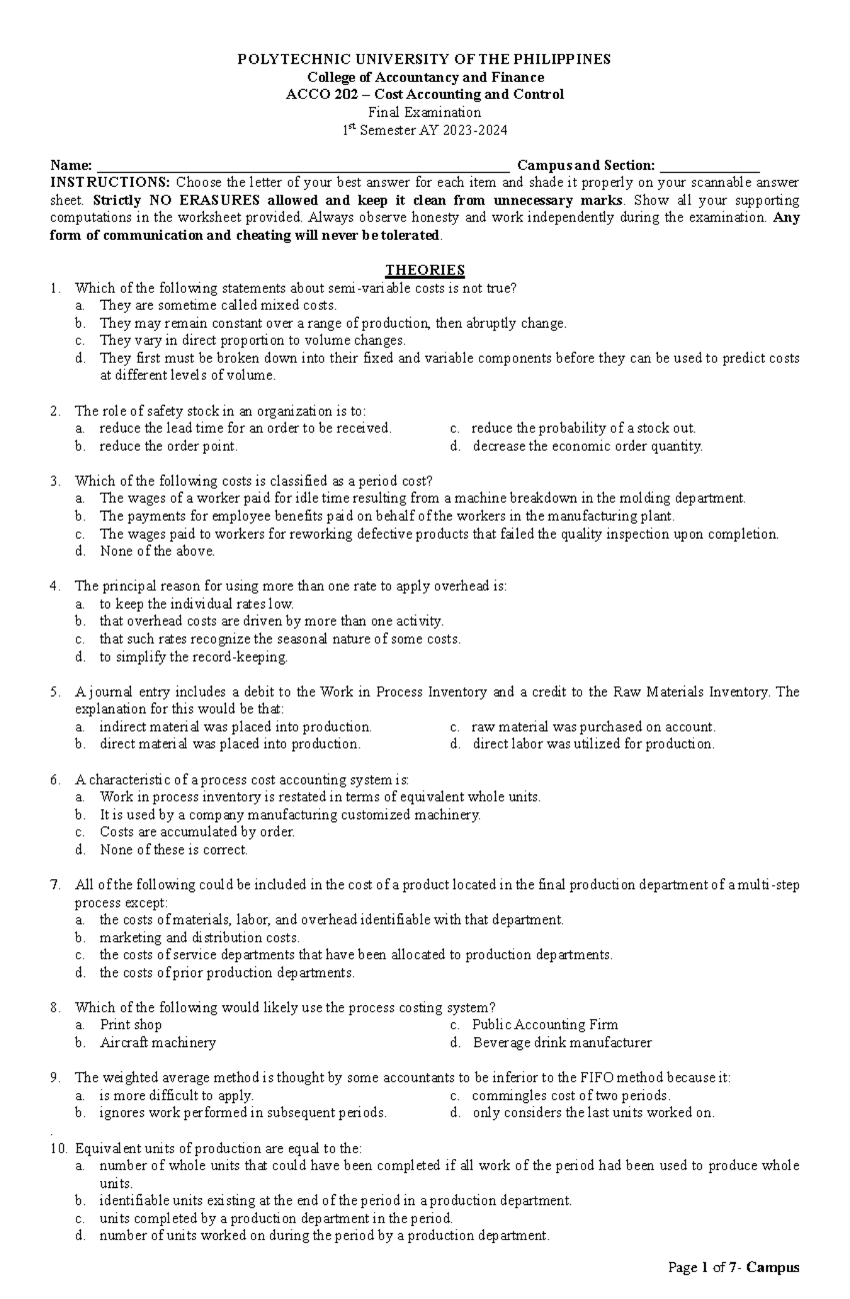 ACCO 202 Cost Accounting and Control Final Exam Review Guide - Studocu