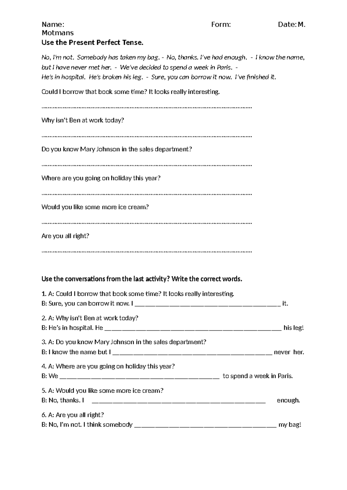 Present Perfect Tense Exercises (Ex 2) - Studocu