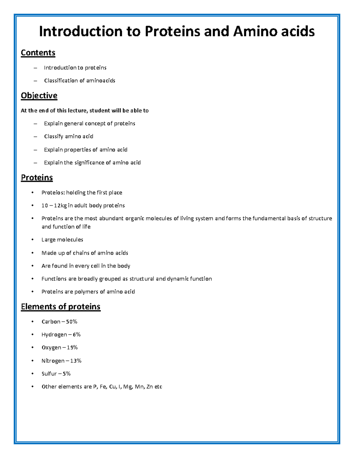 Lecture Notes on Biochemistry: Proteins, Amino Acids & Nucleotide Biosynthesis - Document Preview