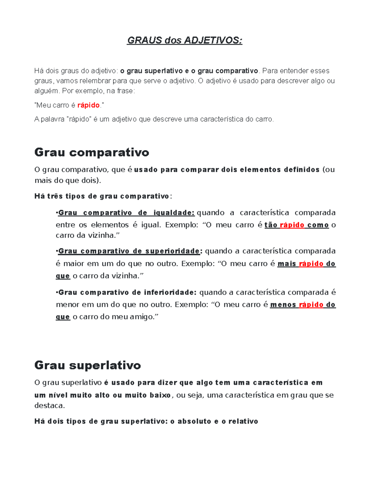 GRAUS dos ADJETIVOS: Comparativo e Superlativo Explicados - Studocu