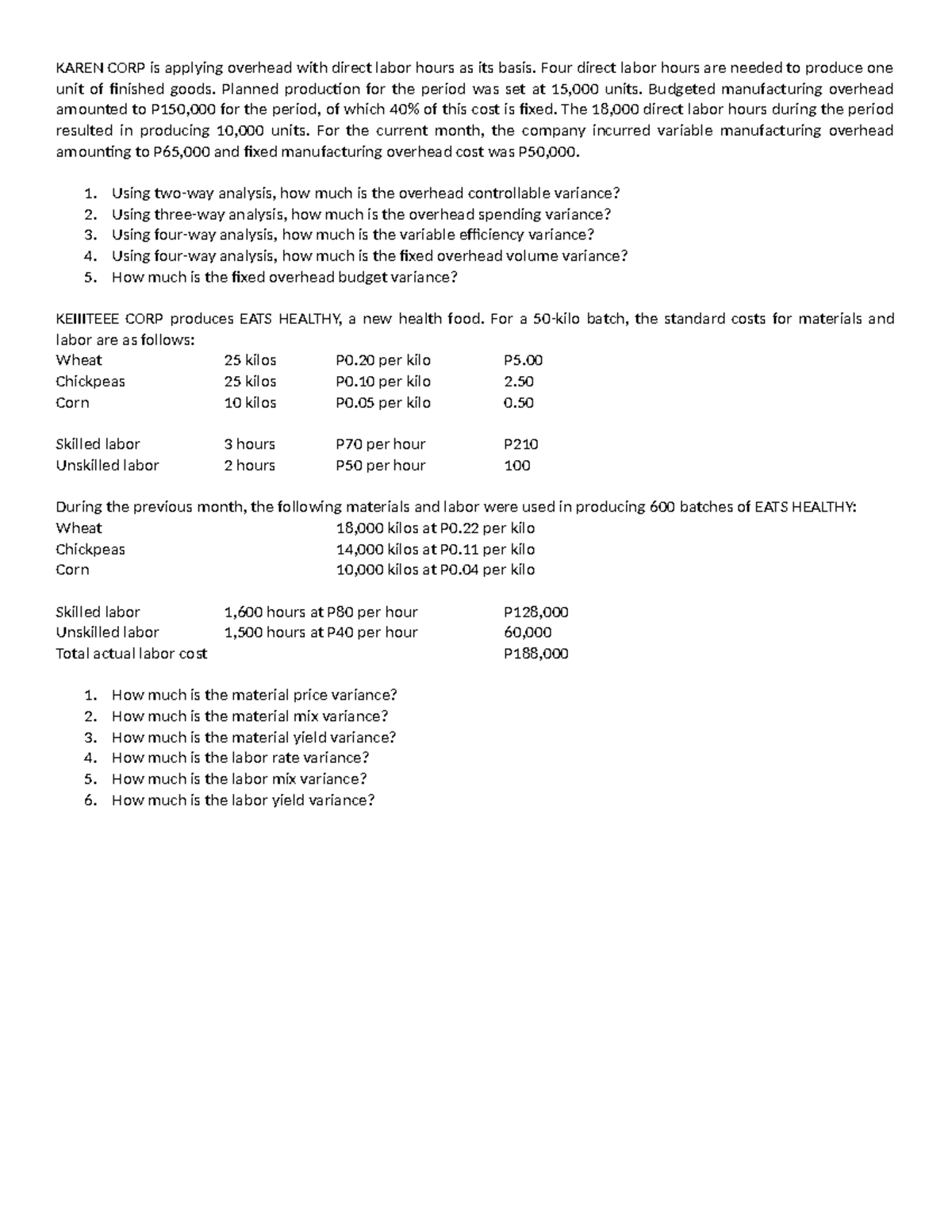 Final Exam SCM Standard Costing Variance Analysis and Calculations ...