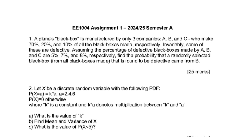 EE1004 Assignment 1 - Probability and Statistics Problems - Studocu