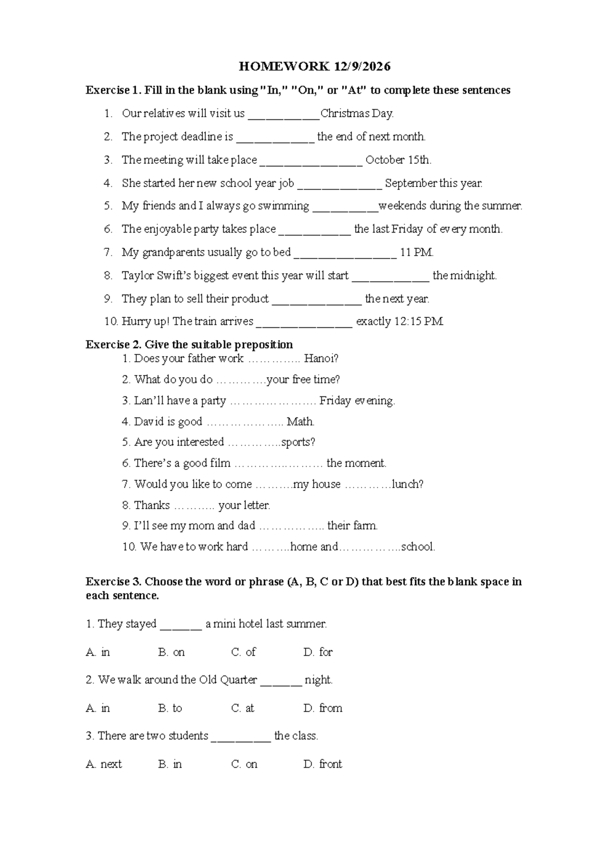 Homework 12 - Prepositions and Sentence Completion Exercises - Studocu