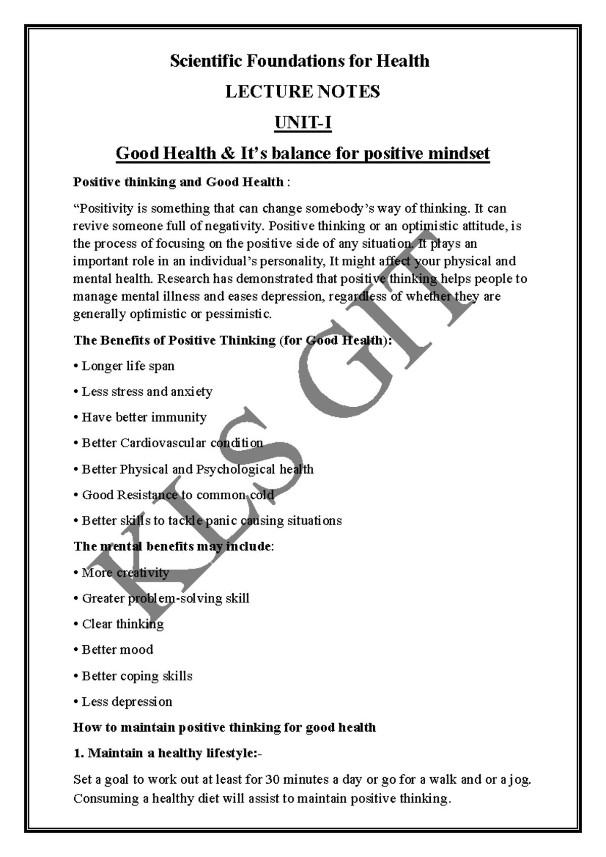 SFH 101: Lecture Notes on Positive Thinking & Good Health - Studocu