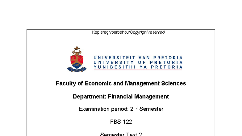 FBS 122 Semester Test 2 2025: Financial Management Exam Paper - Studocu